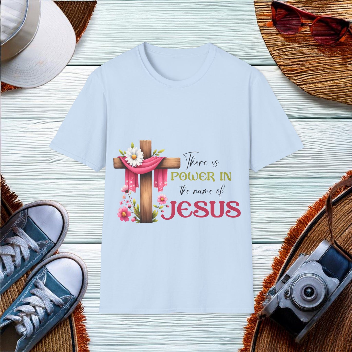 There is power in the name of Jesus - cross Flower  T-Shirt