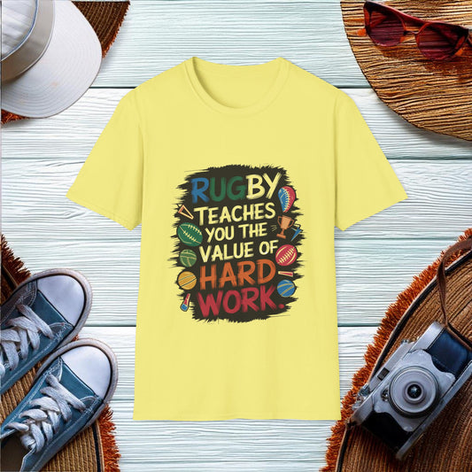 Rugby Teaches Hard Work T-Shirt - Location: United States